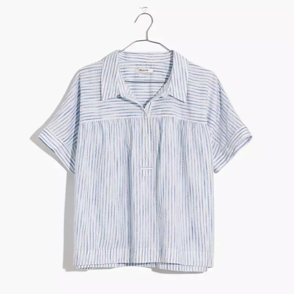 Madewell Shirred-Yoke Popover Top in Seersucker Stripe